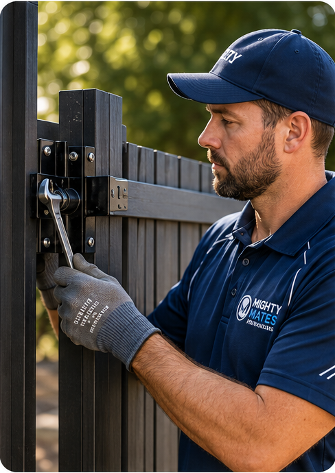 Mighty Mates fencing technician maintaining a fence
